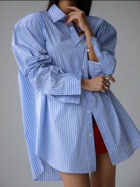 The Frankie Shop Shoulder pad pinstripe women blue cotton shirt